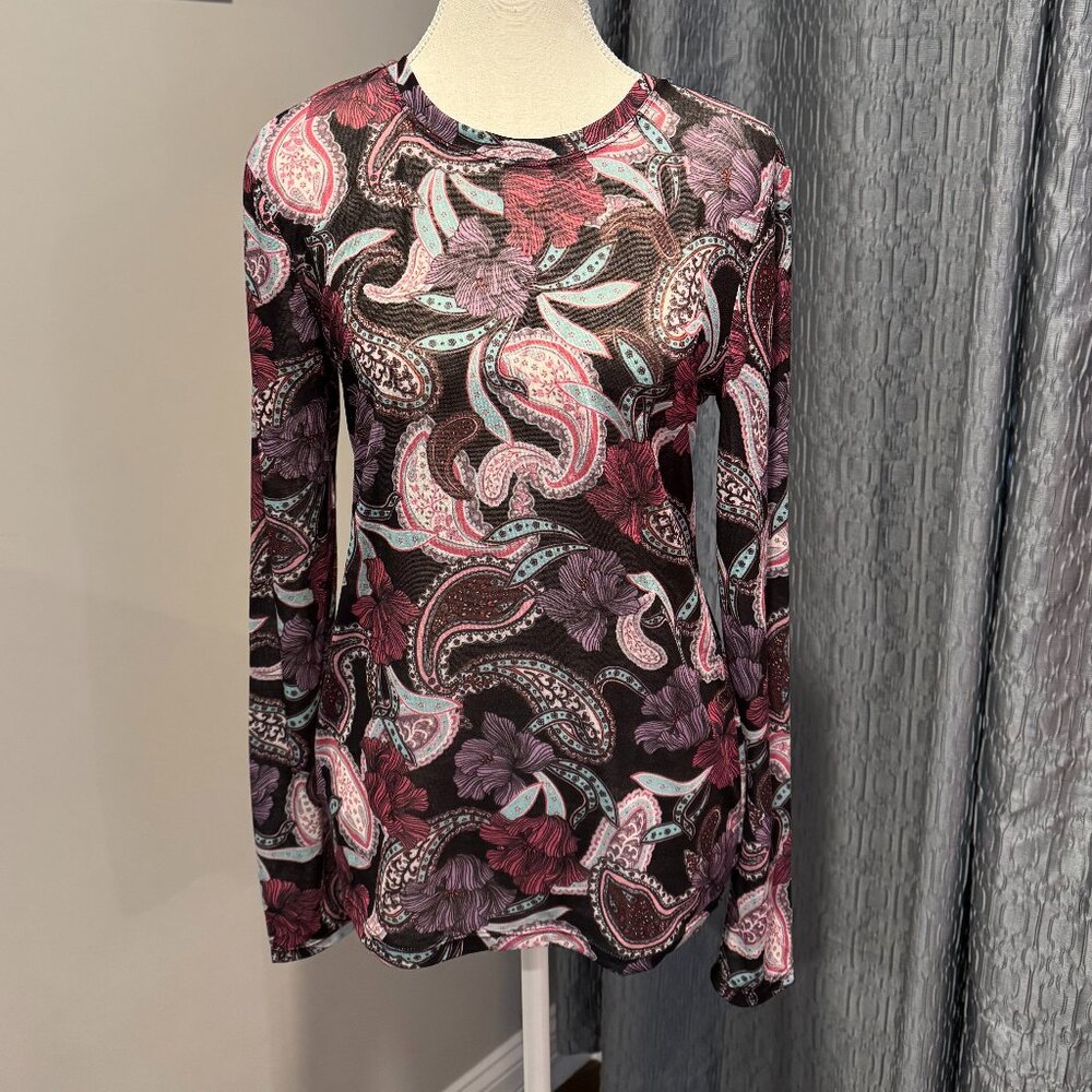 BCBGMaxAzria Women's Mesh Long-Sleeve Top Multicolor Paisley NWT Size L